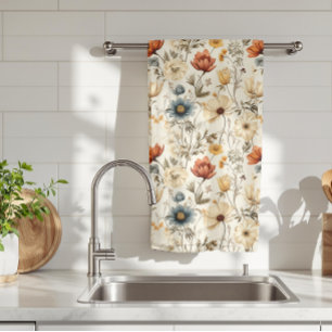 Vintage Dried Wildflower Navy Terracotta Kitchen Towel