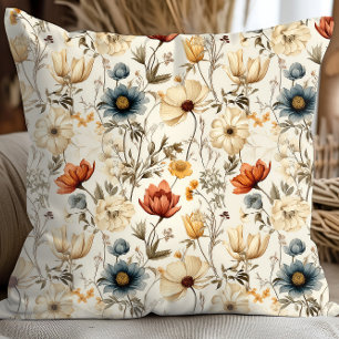 Vintage Dried Wildflower Navy Terracotta Throw Pillow