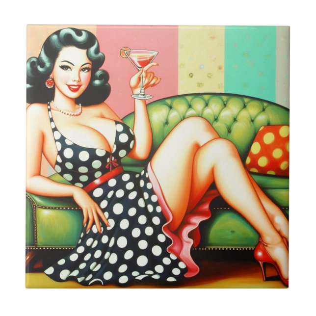 Vintage Drink Girl Ceramic Tile (Front)