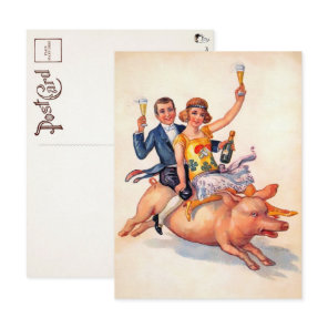 Vintage Drinking Couple Riding Pig Postcard