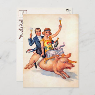 Vintage Drinking Couple Riding Pig Postcard