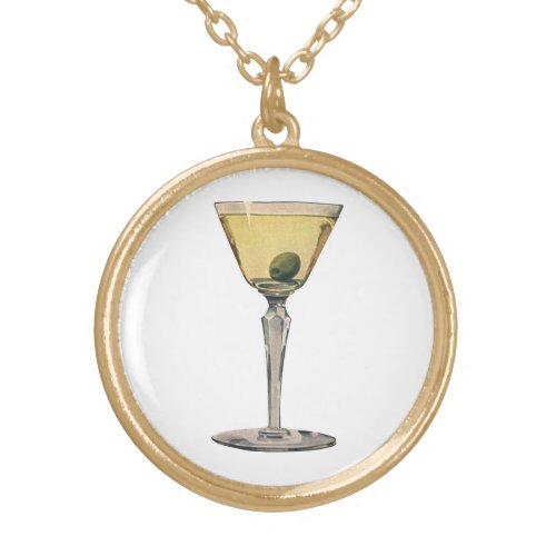 Vintage Drinks Beverages Martini Olive Cocktail Gold Plated Necklace