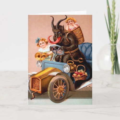 Vintage Driving Krampus Holiday Card