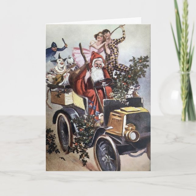 Vintage Driving Santa Holiday Card (Front)