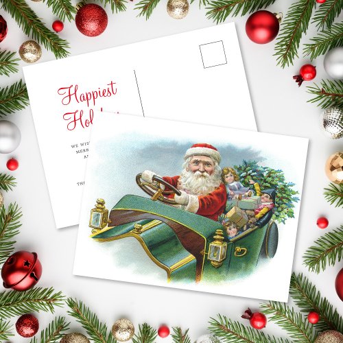 Vintage Driving Santa Non_Photo Christmas Holiday Postcard
