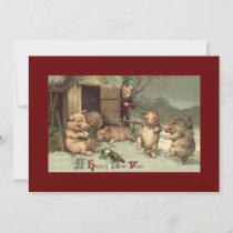 Vintage Drunken Pigs Happy New Years Holiday Card