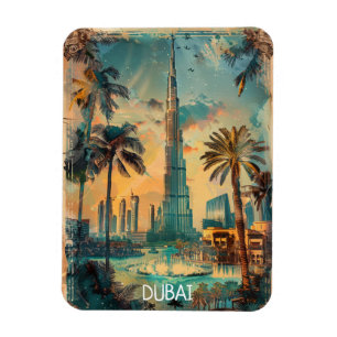 Vintage Dubai Burj Khalifa Skyline View  Magnet