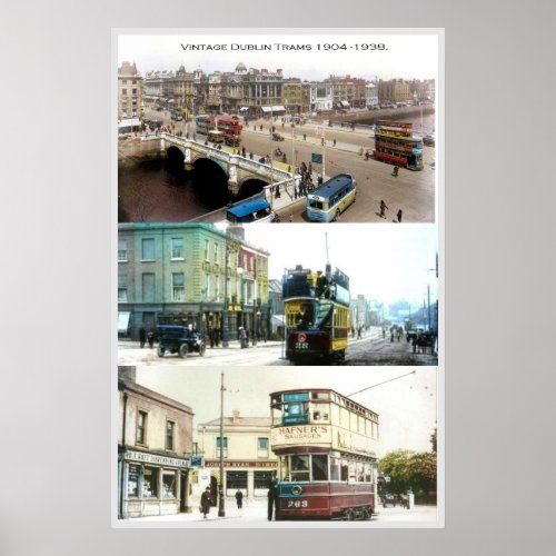 Vintage Dublin City Ireland Trams Images Poster