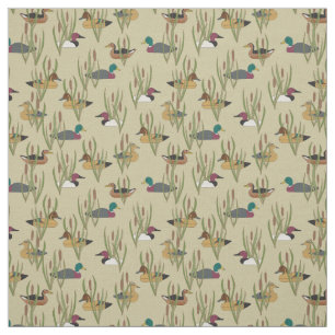 Vintage Duck Decoys Hiding in Cattails on Beige Fabric