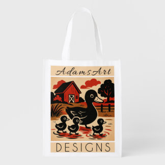 Vintage Duck Family Farm Scene Grocery Bag