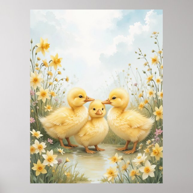 Vintage Duckling Trio Pastel Art  Poster (Front)