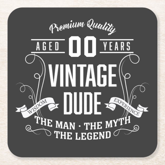 Vintage Dude Custom Age Square Paper Coaster (Front)