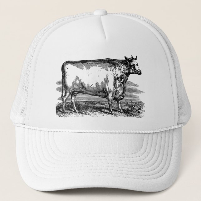 Vintage Durham Cow Bull Personalized Illustration Trucker Hat (Front)