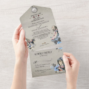Vintage Dusty Blue Alice in Wonderland Wedding All In One Invitation