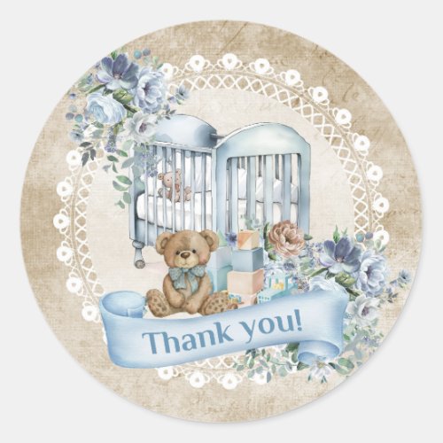 Vintage dusty blue and brown flowers teddy bear  classic round sticker