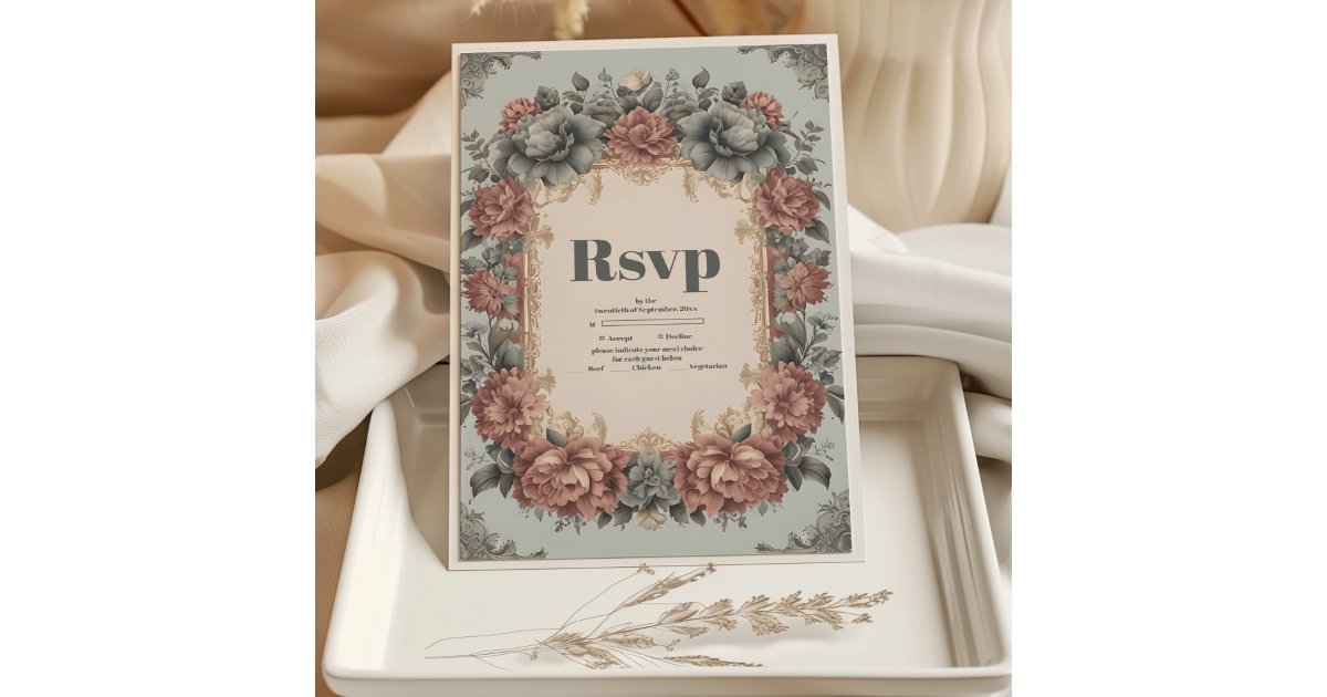 Vintage Dusty Blue Art Nouveau Victorian Wedding RSVP Card | Zazzle