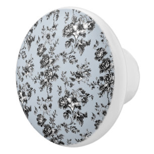 Vintage Dusty Blue & Black Chinoiserie Ceramic Knob