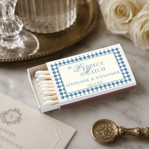 Vintage Dusty Blue Checkered Old Money Wedding Matchboxes