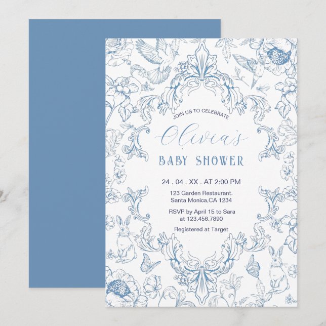 Vintage Dusty Blue Chinoiserie Toile Baby Shower Invitation (Front/Back)