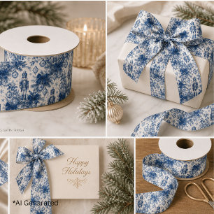 Vintage Dusty Blue Christmas Toile Nutcracker Satin Ribbon