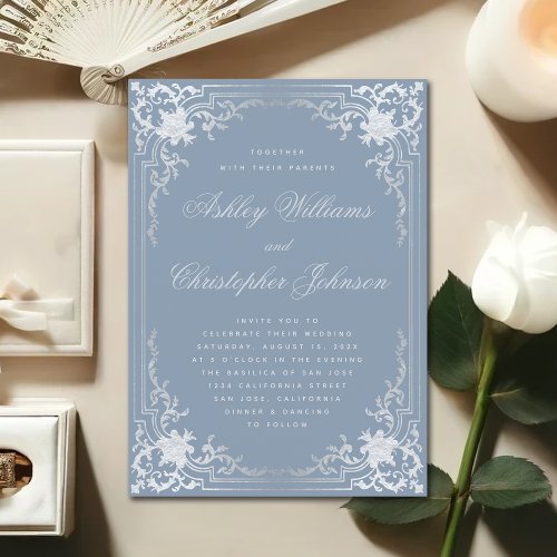 Vintage Dusty Blue Faux Silver Calligraphy Wedding Invitation
