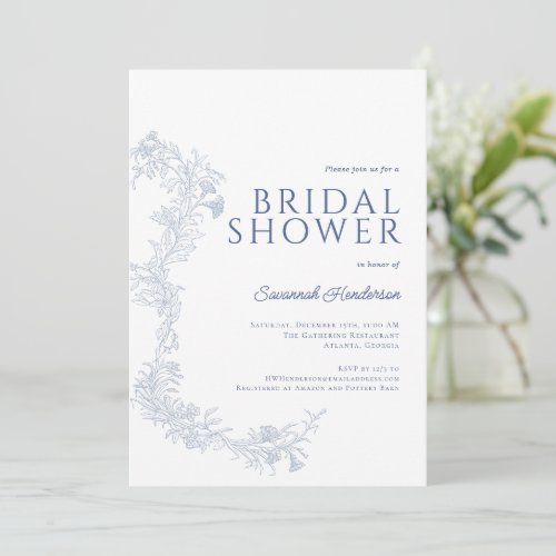 Vintage Dusty Blue Floral Bridal Shower  Invitation