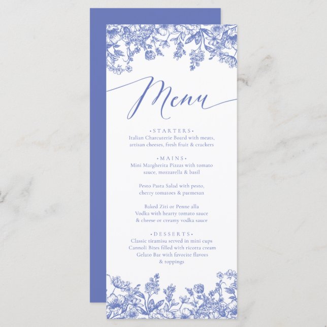 Vintage Dusty Blue Floral Chinoiserie Botanical Menu (Front/Back)