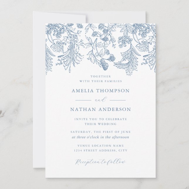 Vintage Dusty Blue Floral Elegant Wedding Invitation (Front)