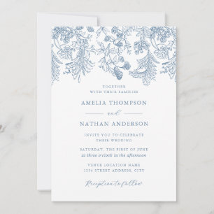 Vintage Dusty Blue Floral Elegant Wedding Invitation