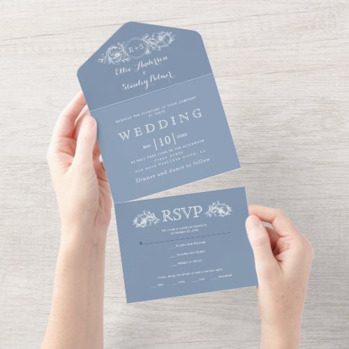 Vintage dusty blue floral frame wedding  all in on all in one invitation