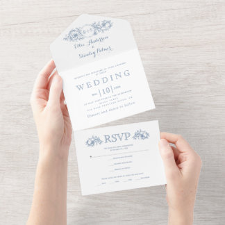Vintage dusty blue floral frame white wedding al all in one invitation