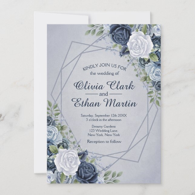 Vintage Dusty Blue Floral Geometric Invitation (Front)