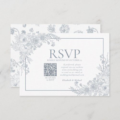 Vintage Dusty Blue Floral Line Art QR Code RSVP