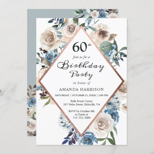 Vintage Dusty Blue Floral Rose Gold Birthday Party Invitation