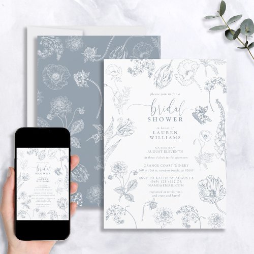 Vintage Dusty Blue Floral Script Bridal Shower Invitation