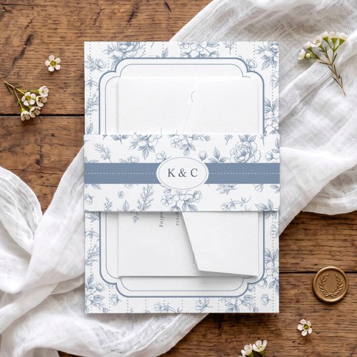 Vintage Dusty Blue Floral Toile Initials Wedding Invitation Belly Band