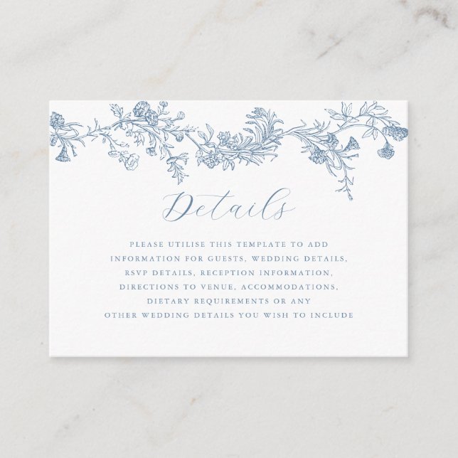 Vintage Dusty Blue Floral Wedding Details  Enclosure Card (Front)