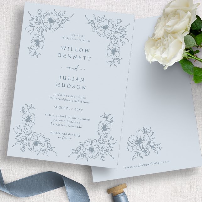 Vintage Dusty Blue Floral Wedding Invitation (Vintage Dusty Blue Floral Wedding Invitation
)
