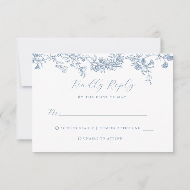 Vintage Dusty Blue Floral Wedding RSVP Card (Front)