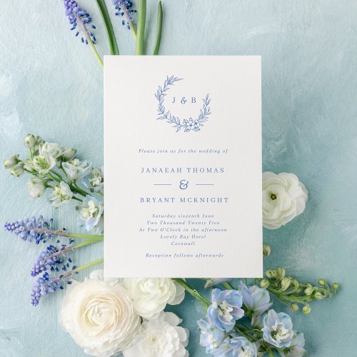 Vintage Dusty Blue Floral Wreath Monogram Wedding Invitation