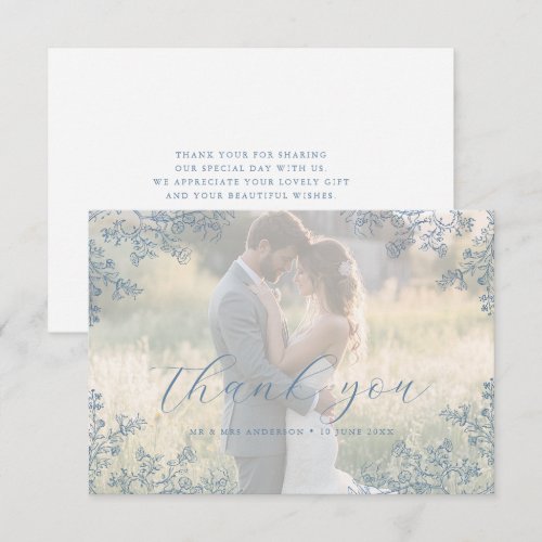 Vintage Dusty Blue Flower Wedding photo thank you Card