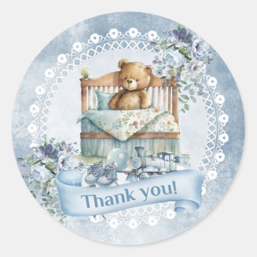 Vintage dusty blue flowers teddy bear boy baby classic round sticker