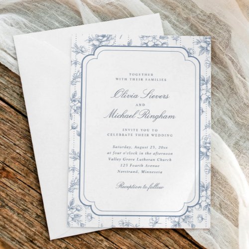 Vintage Dusty Blue French Floral Toile Wedding Invitation