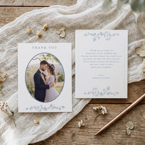 Vintage Dusty Blue French Floral Wedding Photo Thank You Card