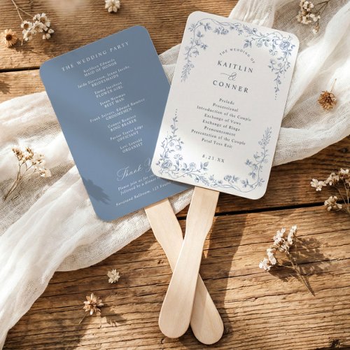 Vintage Dusty Blue French Floral Wedding Program Hand Fan