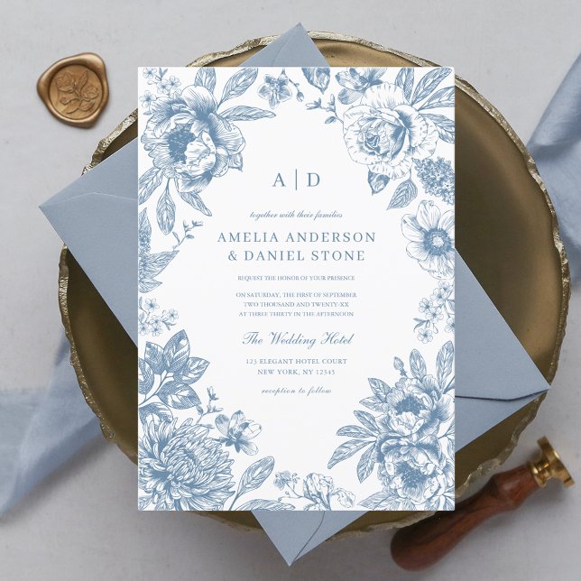 Vintage Dusty Blue Garden Monogram Wedding Invitation (Creator Uploaded)