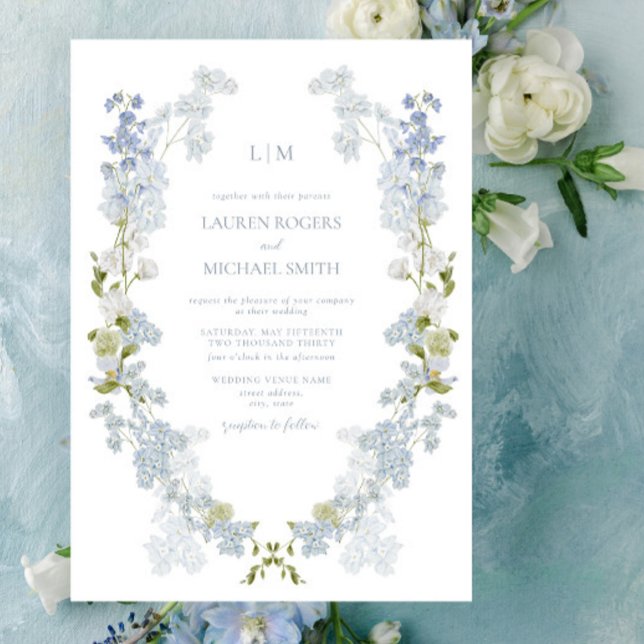 Vintage Dusty Blue Garden Monogram Wedding Invitation (Unveil love with our Vintage Invitation. #ElegantWeddings)