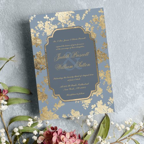 Vintage Dusty Blue Gold Elegant Floral Wedding Invitation