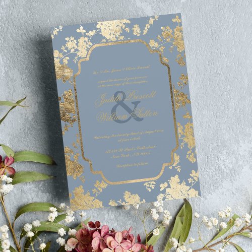 Vintage Dusty Blue Gold Floral Pattern Wedding Invitation