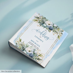 Vintage Dusty Blue Gold Glitter Wedding Memory 3 Ring Binder